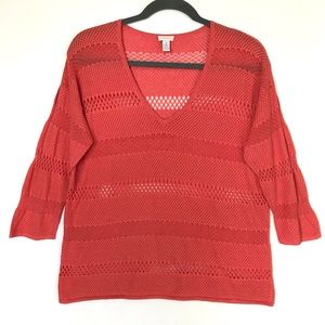 Chico’s Coral Peach Open Knit Lightweight 3/4 Sleeve Sweater
